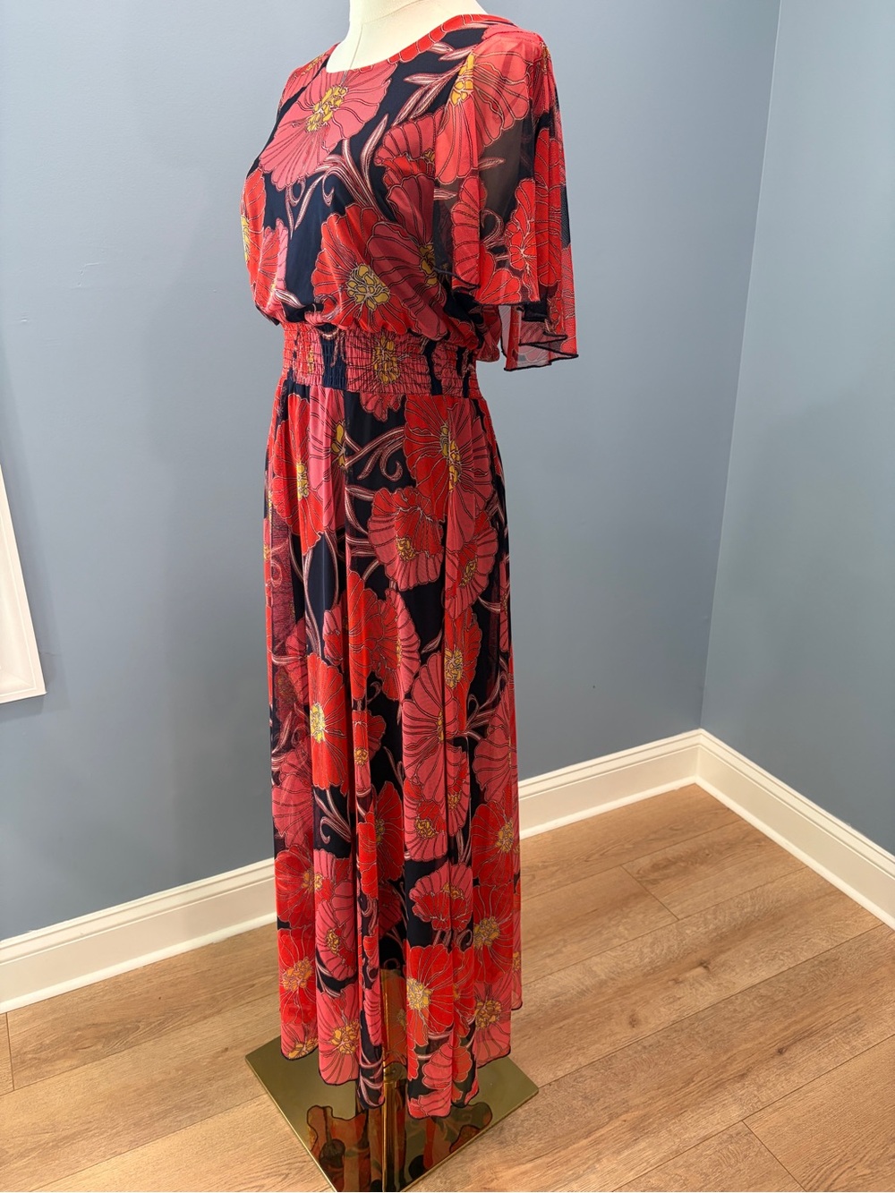 Kate & Lily Red Pink Floral Maxi Dress Size 6 Cape Overlay Flutter Sleeve Lined - Picture 2 of 11